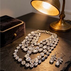 Great Gatsby Style  Statement Necklace and Earrings Set - Silver Tone Sparkle.